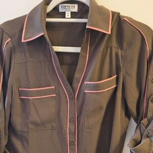 Express Brown Blouse with Pink Trim